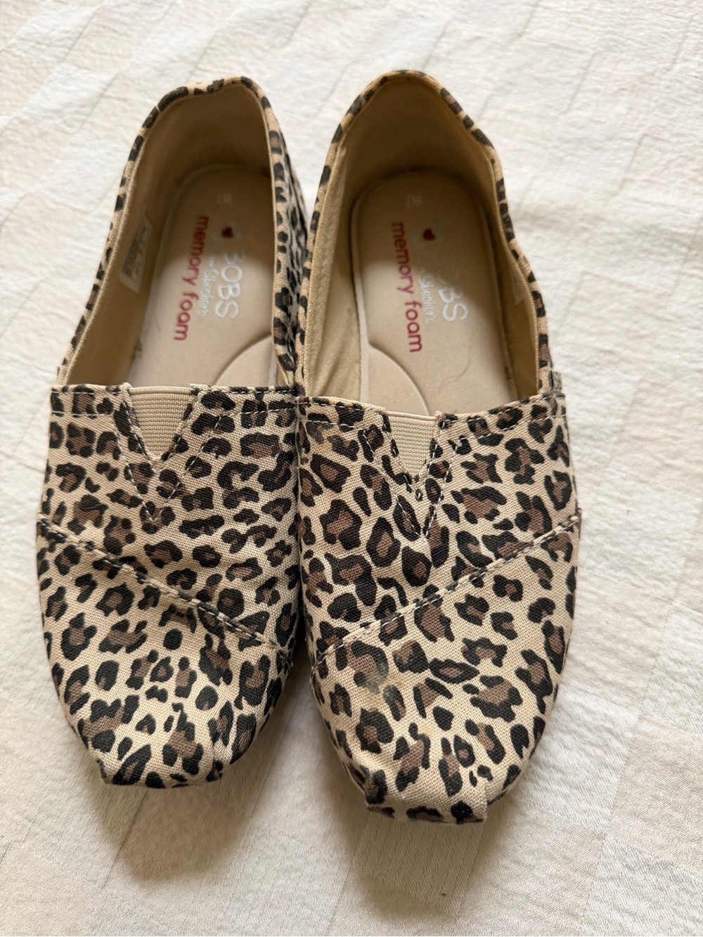 Skechers Bobs Leopard Print Slip-On Flats - Memory Foam Comfort (Beige/Black)